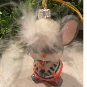 Vintage Glass ornament retro mouse, feather hair, large eyes,